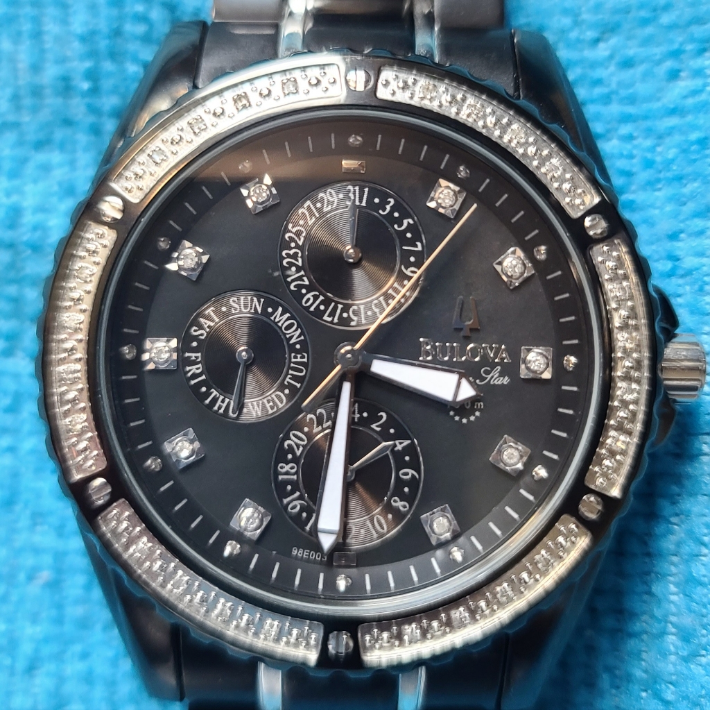 Bulova Black Stainless Steel Diamond Bezel Quartz Watch